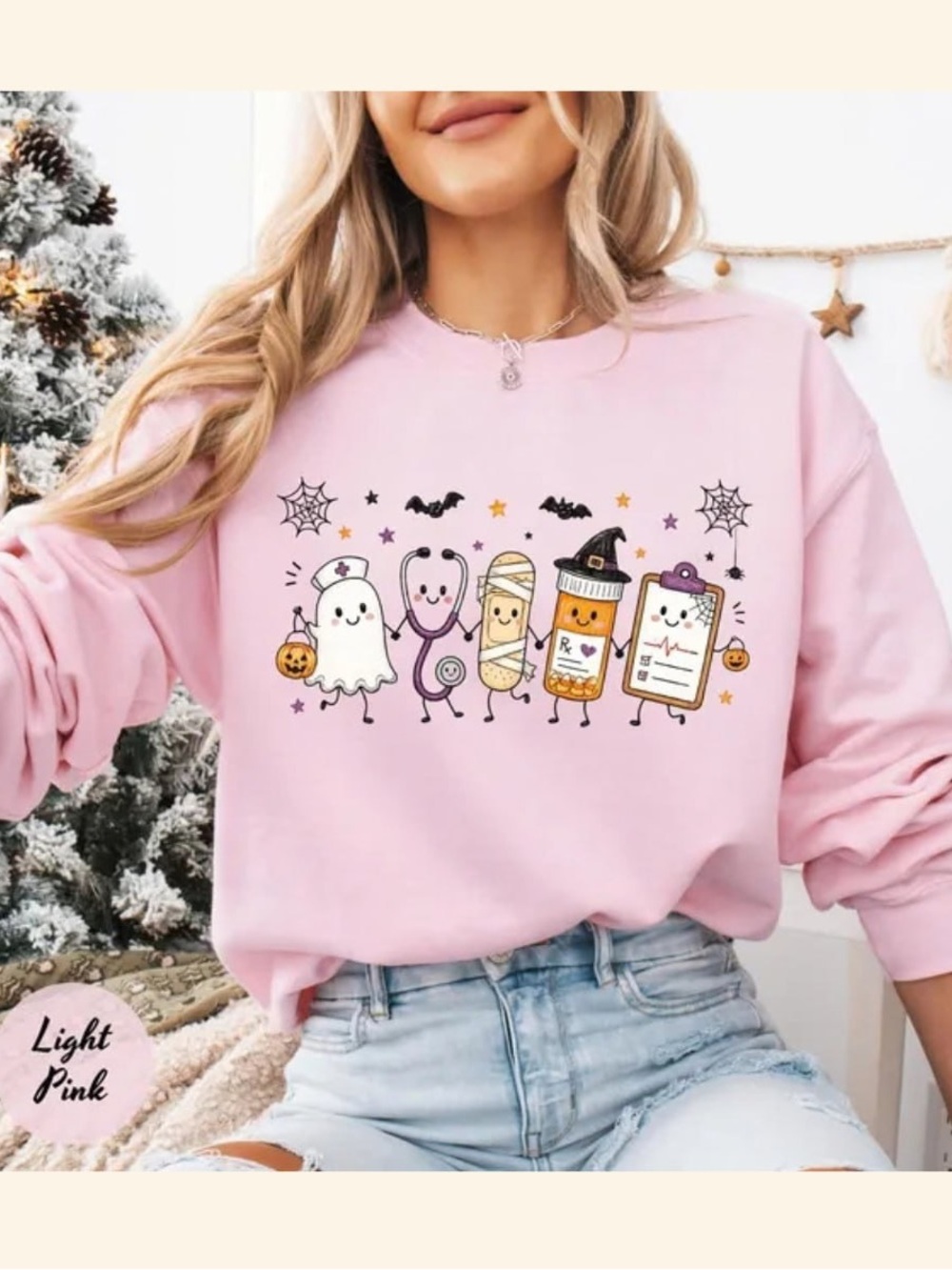Light Pink Halloween Medical Graphic Sweatshirt - Women’s Nurse Custom Sweatshir